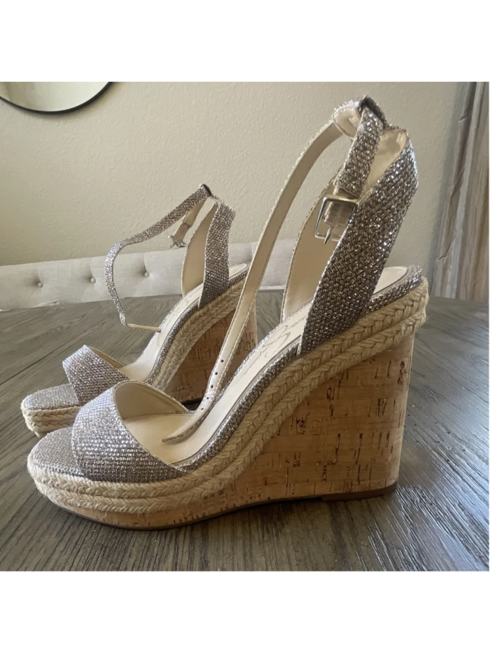 Jessica Simpson Women’s Beige Glitter Wedge Sandals Ankle Strap Buckle 7.5